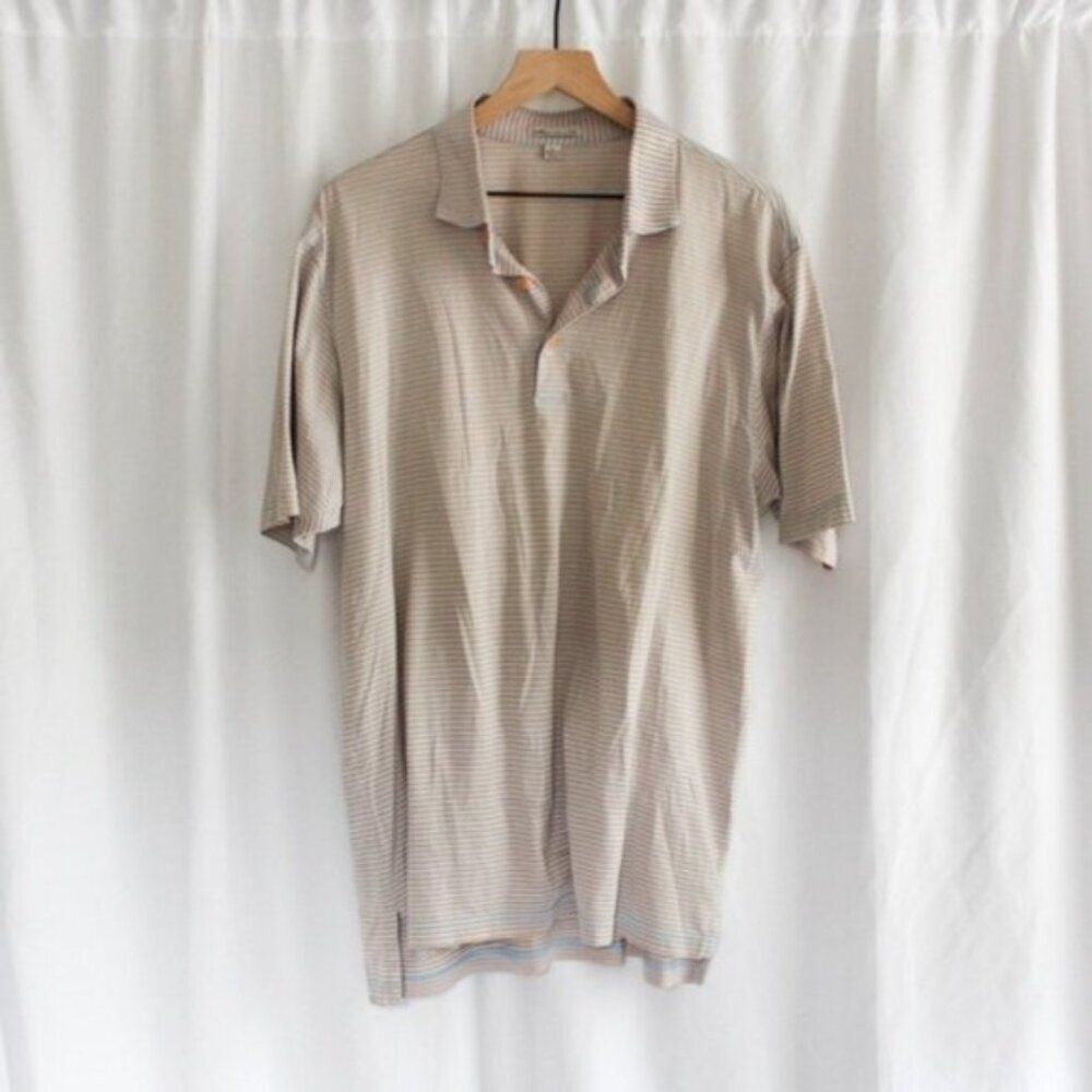 Men's Peter Millar Blue Orange White Striped Short Sleeve Cotton Golf Polo Large